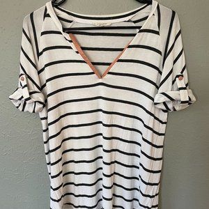 Striped V Neck T-Shirt with pink faux leather trim